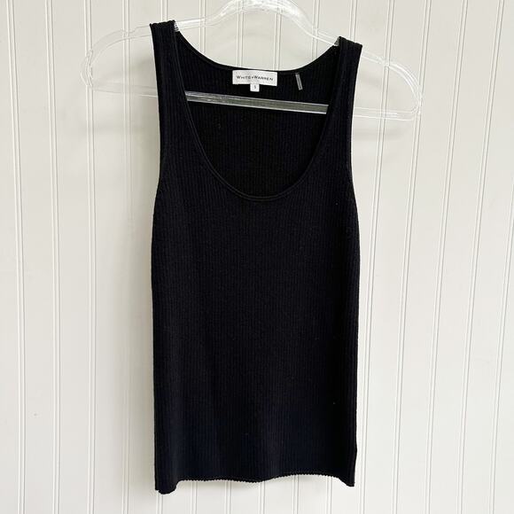 White + Warren Black Knit Linen Gauze Ribbed Scoop Neck Tank Top Vest - Picture 1 of 5